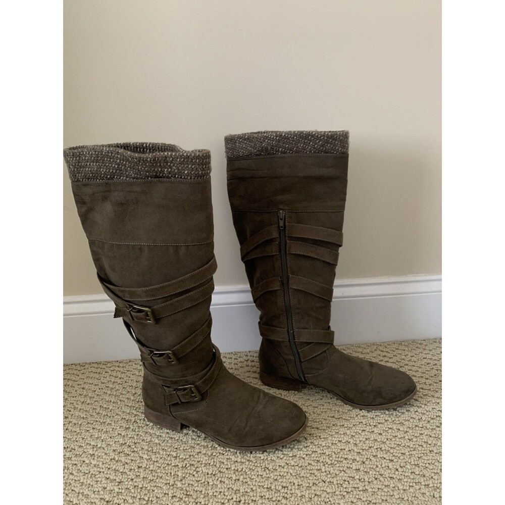 Just Fab Womens Boots Knee High Knit Cuff ANDI Cognac Brown Size 8 Flat Heel